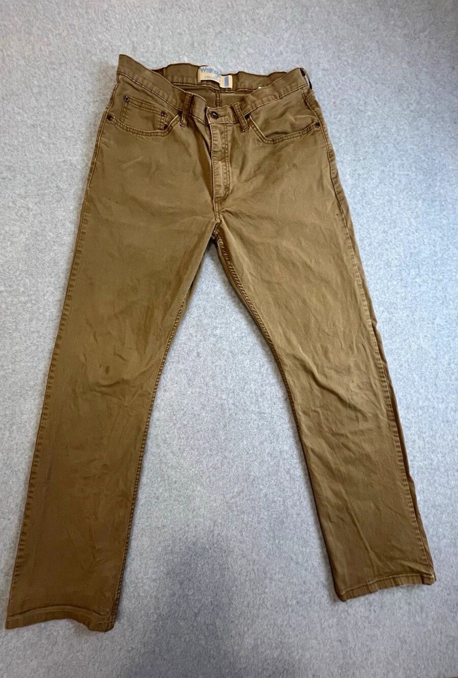 Wrangler Men's Straight Fit Brown Stretch Twill Pants 32W 5-Pocket Flat Front